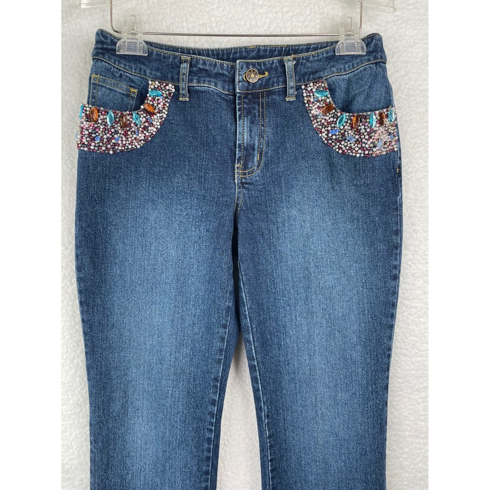 Willi Smith Womens Size 8 Medium Wash Beaded Gemstone Embellished Straight Jeans